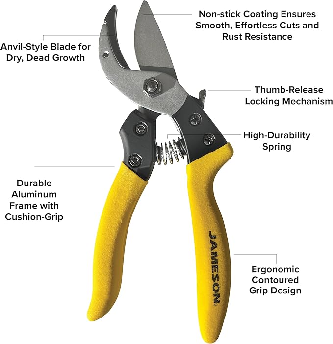 Jameson Anvil Pruning Shears – Heavy-Duty Professional Grade Pruner, 3/4” Cutting Capacity, Non-Stick Coating, Ergonomic Grip, Durable Aluminum Frame for Precision and Long-Lasting Performance