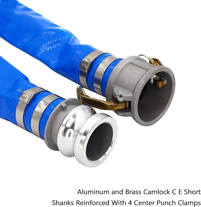 DAVCO 2" ID × 100 ft Pool Backwash Hose, Heavy Duty Reinforced Blue PVC Lay Flat Water Discharge Pump Hoses For Swimming Drain Pools and Clean Filters, with Aluminum Camlock C and E Fittings