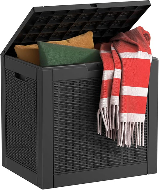 EasyUp 34 Gallon Resin Deck Box Waterproof, UV Resistant Outdoor Storage Box for Delivery, Garden, Patio,and Porch, Rattan Black