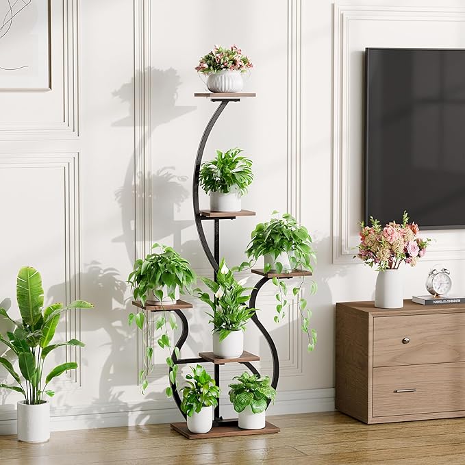 Plant Stand Indoor with Grow Light: 55" Tall Corner Shelf for Multiple Plants, Lighted Plant Stands for Indoor Growing, 6 Tiered S-Shaped Flower Display Stand for Living Room, Patio, Balcony (Black)
