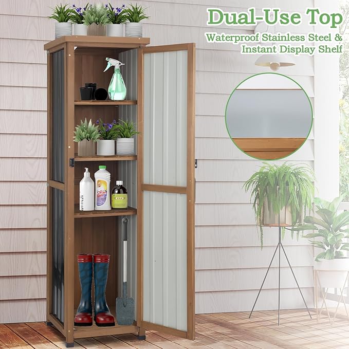 62" H Narrow Outdoor Storage Cabinet with Metal Top, Outdoor Indoor Storage Cabinet Waterproof with Adjustable Shelves for Corner, Patio, Garden, Porch, Laundry Room or Entryway Storage