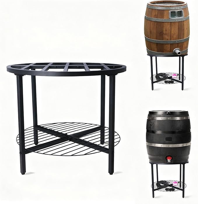 2-Tier Rain Barrel Stand – Base Only, Outdoor Heavy-Duty Rain Water Collection Barrel Stand with Rust-Proof Design & Ring Shelf, Fits 45/50/55-Gallon Plastic Round Rain Barrels (Black)