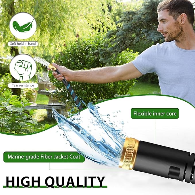 Non-Expanding Garden Hose 100ft,flexible, lightweight hose is resistant to kinks and tangles.With 10-way nozzle, strong 3/4” metal fittings, and a shut-off valve.