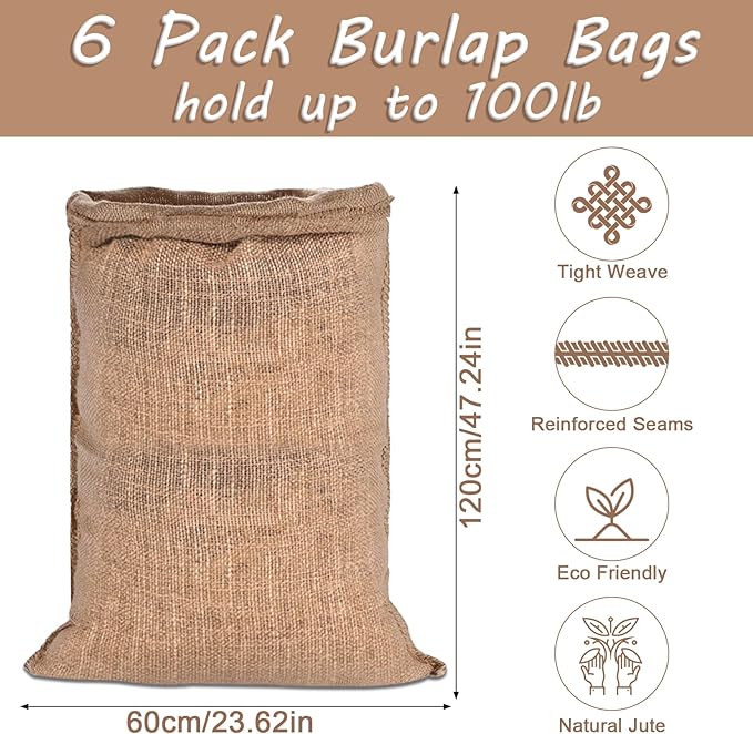 Kmise Burlap Potato Sack Race Bags (Pack of 6),48"x25" Large Natural Jute Burlap Sacks for Kids & Adults, Reusable Eco-Friendly Grow Bag for Field Day Games, 3-Legged Races & Harvest Storage