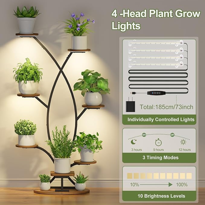 Plant Stand Indoor with Grow Light - 8 Tiered Corner Shelf for Indoor Plants, 57" Tall Plant Shelf with Lights for Indoor Growing , Sturdy Metal Plant Rack for Living Room,Balcony,Patio