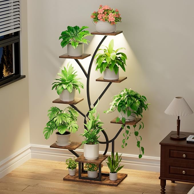 Plant Stand Indoor with Grow Lights - 8 Tiered Corner Plant Shelf Indoor, 50" Tall Lighted Plant Stand for Indoor Multiple Plants, Flower Stands Display Rack Holder for House, Patio, Black
