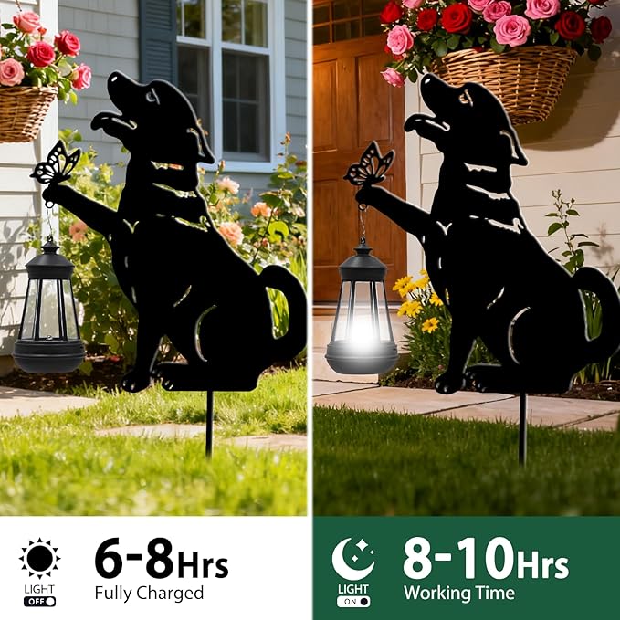 Black Dog Christmas Decorations Outdoor - Solar Lights Outdoor Garden Decor Stake with Butterfly Decorative Metal Housewarming Ornament for Yard Pathway Lawn Patio – Unique Gift Ideas for Christmas