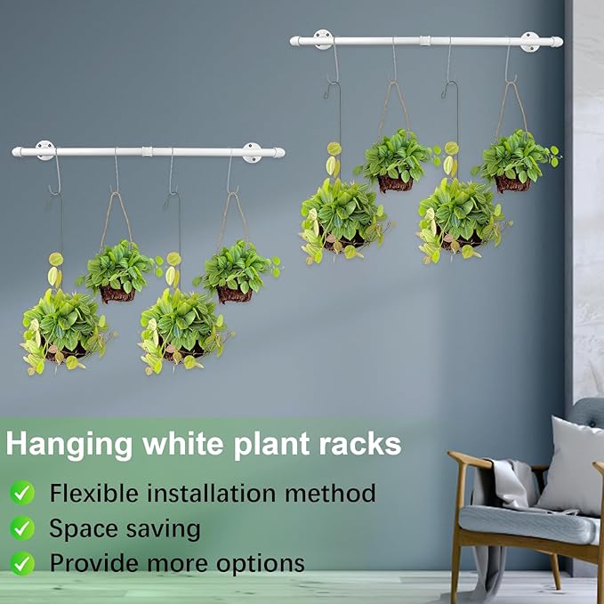 Yoiemivy Hanging Planter Bar with 4 Pcs Hooks White Wall Mount Planter Hanger Rod Minimalist Flowerpot Hanger Metal Plant Hanger for Window Wall Ceiling Herb Garden (White)