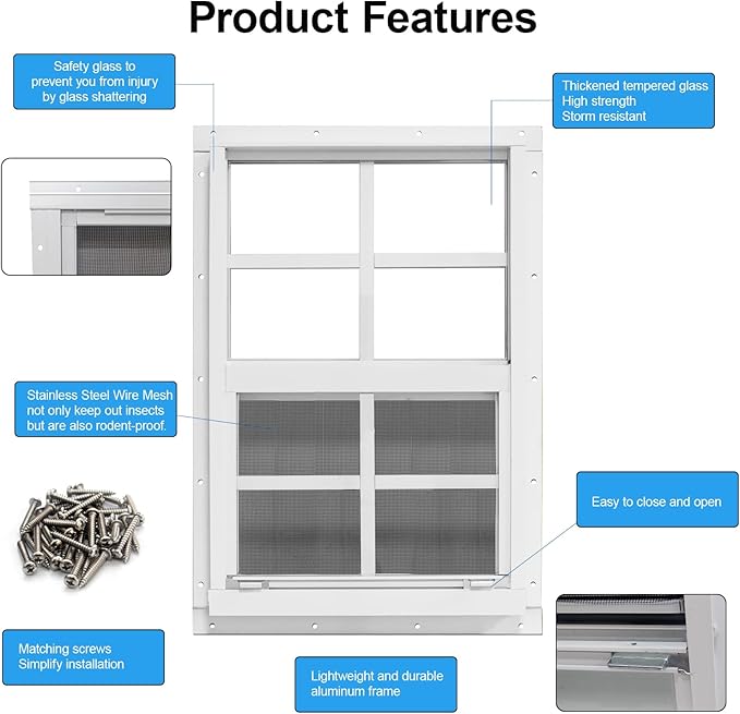 NeatiEase Upgraded Shed Windows 2 Pack, 30" x 36" Windows with Tempered Glass and Stainless Steel Screen for Shed, Chicken Coop, Playhouse, Household, Garage(White)