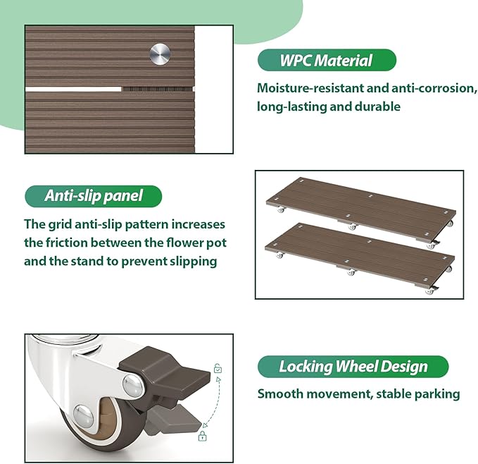 mondaria 2 Pack Plant Caddy with Wheels, 15.7" Wood Plastic Composite Plant Stand, Heavy Duty Square Plant Dolly with Metal 360° Lockable Caster Wheels for Large Plant Pots, Flower Pot ,Dark Brown
