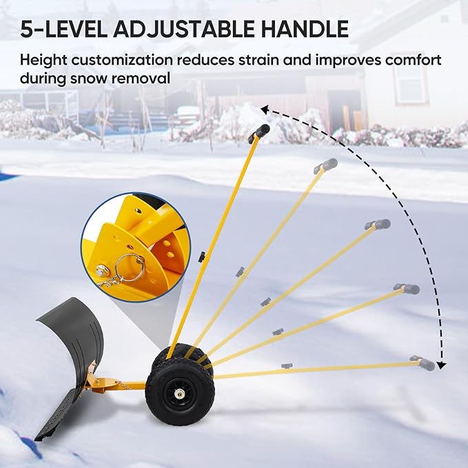 EAGLE PEAK Wheeled Snow Shovel for Driveway, Personal Snow Pusher with Wheels, Adjustable Plow Angle, Ergonomic Handle, Heavy Duty 29”x16.5” Blade, Single Rod Plow Shovel, Yellow