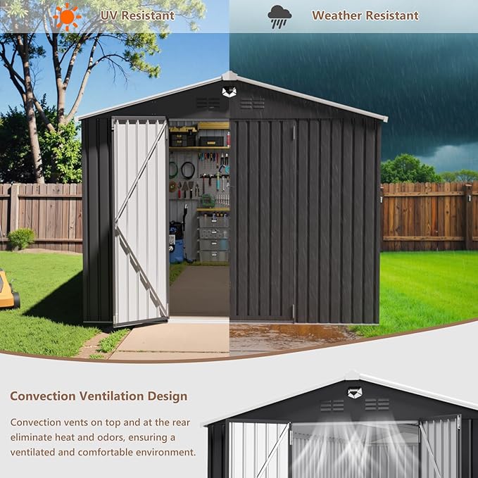 10x14 FT Outdoor Storage Shed, Metal Garden Shed - Tool Storage Sheds with Lockable Doors, Waterproof Outside Storage Building for Backyard, Patio (Black; Floor Not Included)