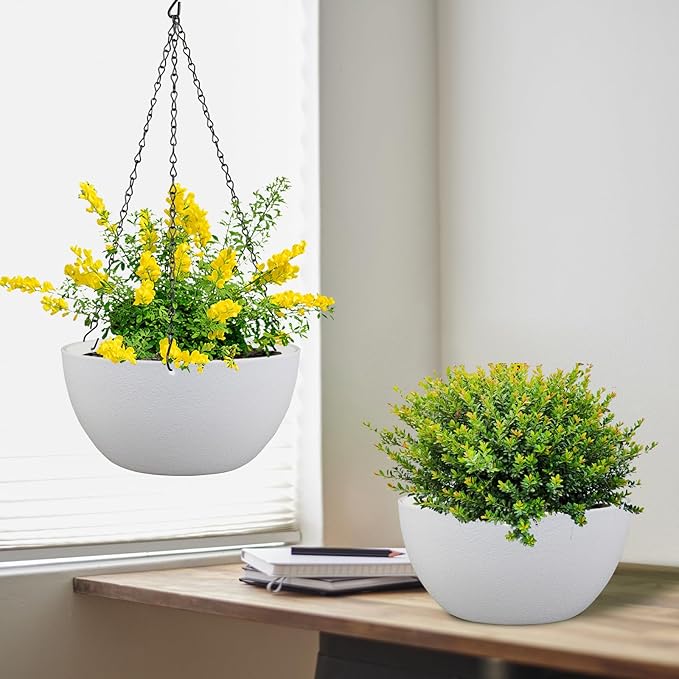 8 inch Small Hanging Planters for Indoor Outdoor Plants, 2 Pack Hanging Flower Pots with Drainage Holes and Chain for Garden Porch, Plastic Hanging Baskets for House Plants, White