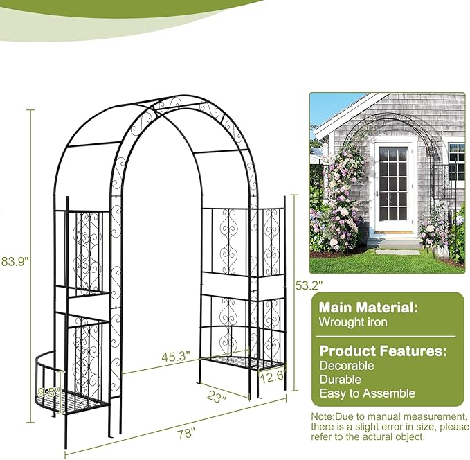 Outvita 7FT Garden Arch Arbor with Plant Stand, Heavy Duty Metal Arbour Archway, Decorative Frame Stand Trellis for Wedding Ceremony Party Plant Climbing Rose Vines Lawn