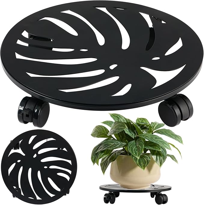 1-Pack 12 Inches Round Metal Plant Caddy with Wheels Heavy Duty Large Rolling Plant Stand Indoor Outdoor Wheeled Planter Dolly Cart with Lockable Casters Flower Pot Mover Roller Trolley, Black