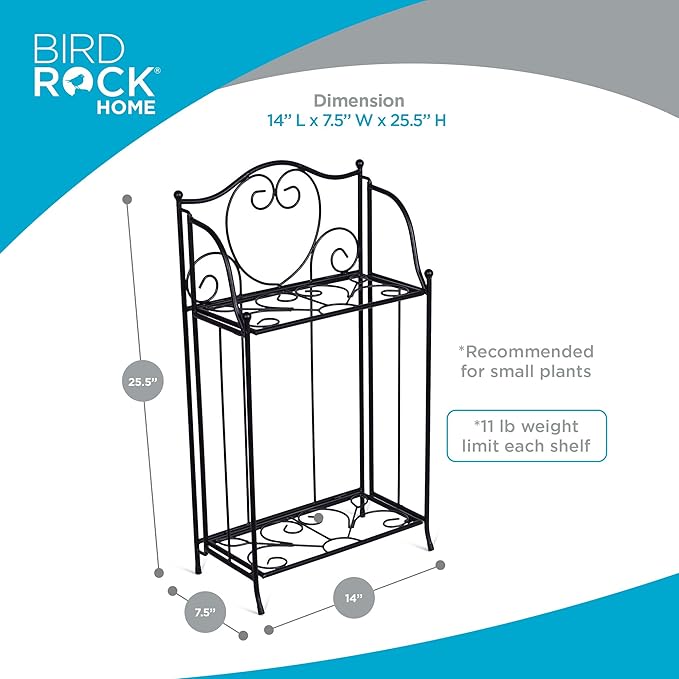 BIRDROCK HOME 2-Tier Metal Tiny Plant Stand Shelf - Decorative Mediterranean Scroll Design - Lightweight Folding - Black Metal Holder Rack - Indoor or Outdoor Use - Great for Small Spaces - Small