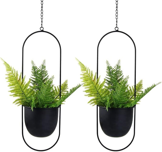 Metal Oval Hanging Planter, Set of 2 Black Geometric Plant Hangers with 6 inch Flower Pots in Oval Shape, Modern Wall and Ceiling Plant Holders for Indoor Outdoor Plants Home Décor