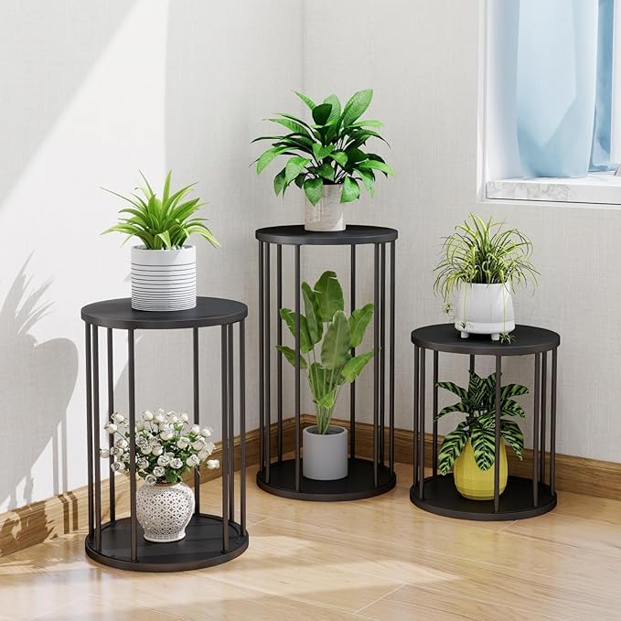 Plant Stand Indoor,small plant stool,Flower Pot Corner stand holder,Mid Century Heavy Duty Metal Tall Home Decor,Modern Round End Table,Small Rustic Display Stand for Living Room,Bedroom(Black,3 Packs)