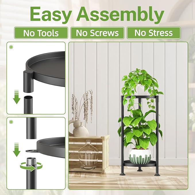 iDavosic.ly 2 Tier Plant Stand Indoor with 10 Inch Wide Tray, Vertical Corner Metal Outdoor Flower Display Holder Shelf, Folding Tall Rack for Patio Porch Living Room, Modern Black
