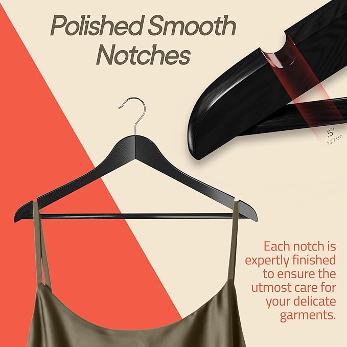 Black Wooden Hangers 20 Pack – Heavy-Duty with 360° Swivel Hook, Non-Slip, Pants Bar & Shoulder Grooves - Wooden Hangers for Suits, Jackets, Dresses & Camisoles, Space-Saving and Smooth Finish
