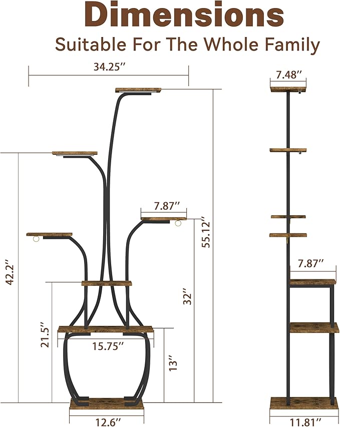 Plant Stand Indoor with Grow lights, 55" Tall 7 Tiered Large Plant Shelf for Indoor Plant Vase-Shape Rack Plant Pot Holder Gardening for Living Room Corner Black