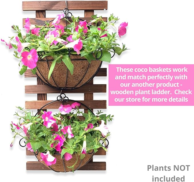 Shoplala Wall Planters Outdoor Plants (10 Inch, 6 Pack) Balcony Planters Railing Hanging Fence Planter Over Railing with Coco Liner, Wall Mounted Flower Basket Black Metal Wire Deck Porch Patio Garden