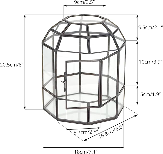 NCYP Geometric Glass Terrarium Dome for Succulent Cacti Air Plants, 6.6x6.6x8 Inches Closed Birdcage Planter Pot, Indoor Miniature Fairy Garden Display Container, Black, Handmade (Only Terrarium)