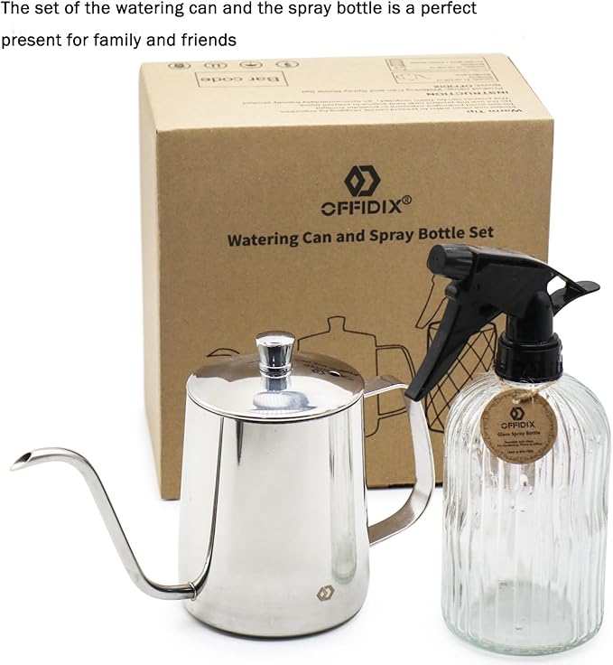 OFFIDIX Watering Can for Indoor Plants,Long Spout Metal Stainless Steel 21 oz/600 ml Watering Can with 14 oz/400ml Glass Plant Mister Spray Bottle for House Plant Bonsai