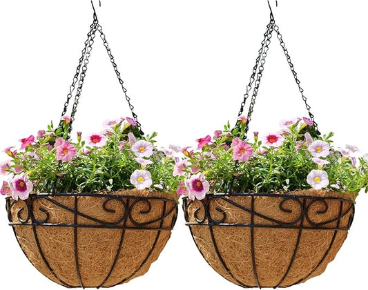 Outdoor Metal Hanging Planters Basket (2pack, 12 inch) Hanging Baskets for Plants Chain Round Wire Plant Holder with Coco Fiber Liners for Garden, Patio, Deck, Porch(Flower Border)
