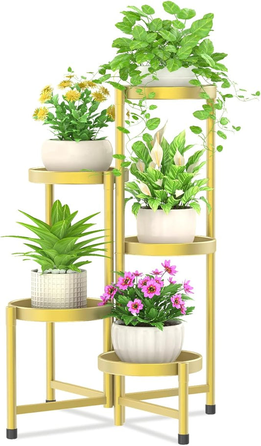 iDavosic.ly Plant Stand Indoor Outdoor, 5 Tier Corner Metal Flower Display Holder Shelf, Easy Assembly Folding Tall Orchid Rack for Patio Balcony Porch Garden Living Room House, Gold