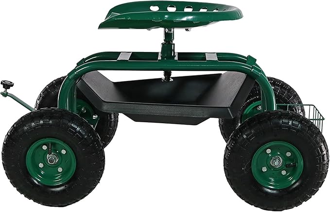 Sunnydaze Rolling Garden Cart with Seat - Garden Stool with Wheels and Adjustable 360-Degree Swivel Seat - Utility Tool Tray and Storage Basket - Green