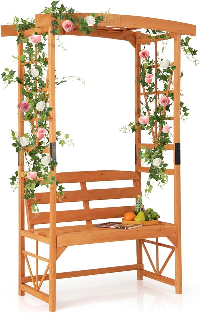 Giantex Garden Arbor with Bench - Wooden Garden Arch Trellis for Climbing Plants Vines, 2-Person Outdoor Bench, 48''W x 75''H Patio Archway for Lawn Wedding Party Ceremony Backyard Decor