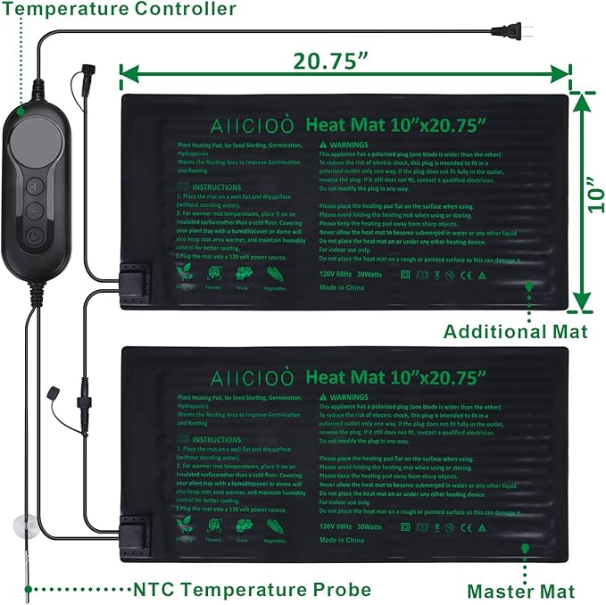 Aiicioo Seedling Heat Mats 4 Pack with Temperature Control 10"x 20.75" Warm Hydroponic Heating Pad for Plants Grow Seed Starting Germination, Greenhouse, Brewing