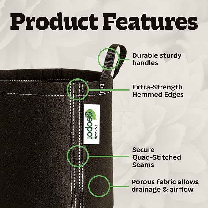 GeoPot 5 Gallon Fabric Grow Bags with Handles - 10-Pack - Breathable, Aerated, Portable - Black - Ideal for Vegetables, Herbs, Flowers & Houseplants - Indoors & Outdoors