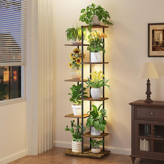 iDavosic.ly 7 Tier Tall Plant Stand Indoor with Light, Tiered Corner Metal Wood Multiple Flower Holder Shelf, 50 Inch Display Grow Rack for Living Room Bedroom, Modern Black & Rustic Brown