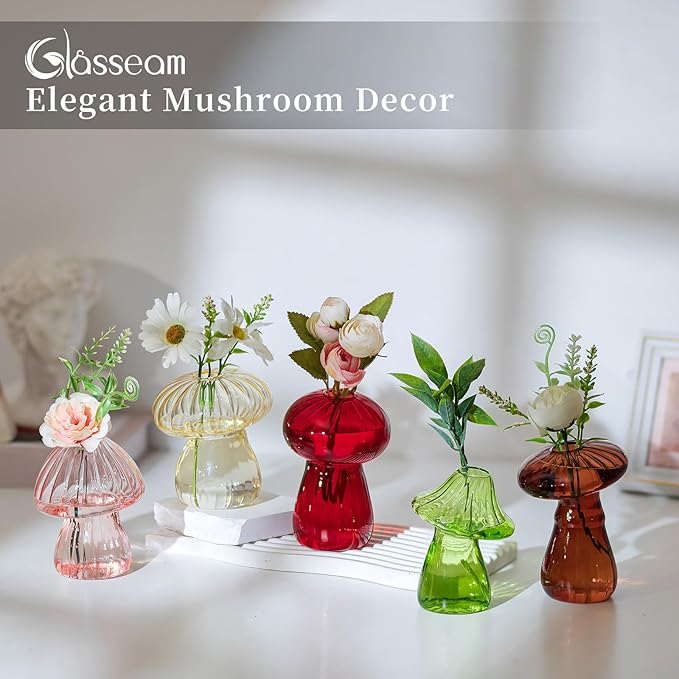 Glasseam Mushroom Plant Propagation Stations: Cute Glass Terrarium Jar Propagation Vase Set of 5 Hydroponic Planters for Home Room - Unique Colorful Mushroom Decor Gifts for Plant Lovers