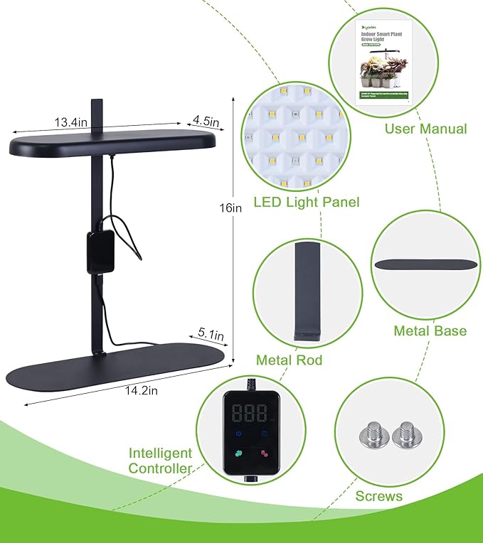 Grow Lights for Indoor Plants, 20W Full Spectrum LED Grow Lamp for Indoor Garden with Intelligent Controller, Height Adjustable, Ideal for Home Desk Plant Lighting (Black, Metal Base)