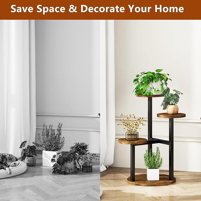 IBUYKE 4 Tier Plant Stand Indoor, Metal Wood Plant Shelf for Multiple Plants, Small Tiered Corner Flower Pot Stand for Living Room Patio Balcony Garden, Rustic Brown TMJ073H