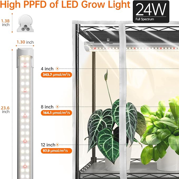 Bstrip Indoor Greenhouse with Grow Light, Metal Plant Stand, 3 Pack T8 2FT Full Spectrum Plant Lights, Timer, Black, 23.5"x13.8"x59"