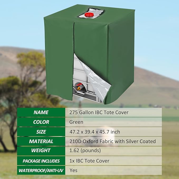 MECCANIXITY Zipper IBC Tote Cover 275 Gallon, 210D Oxford Waterproof Sunshade Rain Barrel Water Tank Protective Cover for 1000L Outdoor Garden, (39.37 x 47.24 x 45.66 Inch, Green)