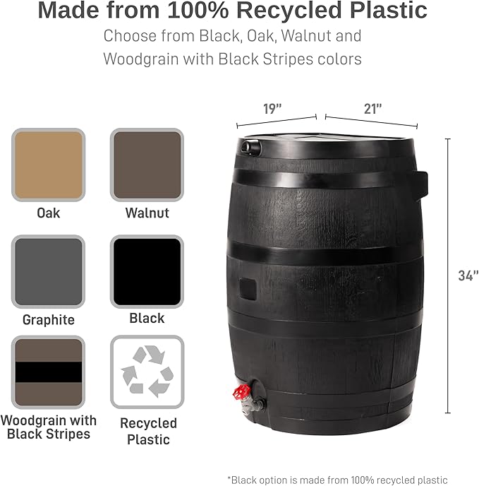 RTS Home Accents 50-Gallon ECO Rain Barrel Made with 100% Recycled Plastic, Flat Back Rain Water Collection Barrel, Link Kit Included, Black (2 Pack)