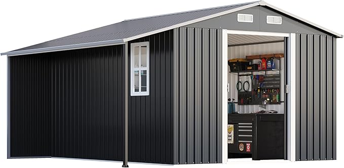 AMERLIFE 10.6x10.3x6.3 FT Galvanized Metal Storage Shed with Open Firewood Storage Area, Sliding Doors & Ramp, 2 Windows & Vents, Weather-Resistant Outdoor Tool/Yard Shed, Dark Gray
