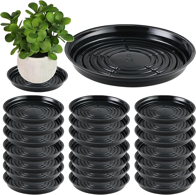 20 Packs 12 Inches Large Black Plant Saucers for Indoor Outdoor Use Heavy Duty Plastic Plant Trays for Planter Bulk Flower Pot Drip Trays to Catch Water, 4 to 20 Inch