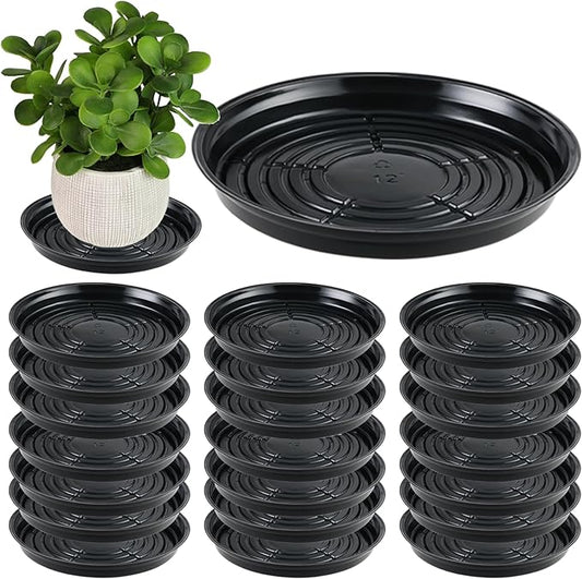 20 Packs 12 Inches Large Black Plant Saucers for Indoor Outdoor Use Heavy Duty Plastic Plant Trays for Planter Bulk Flower Pot Drip Trays to Catch Water, 4 to 20 Inch