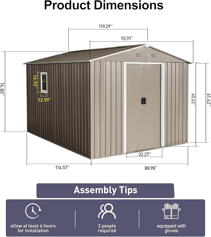 Favfurish 10×8FT Outdoor Metal Storage Shed Large Garden Sheds with Floor Base & Window,Sliding Doors and Padlock for Garden,Backyard,Lawn,Easy to Assemble,Grey
