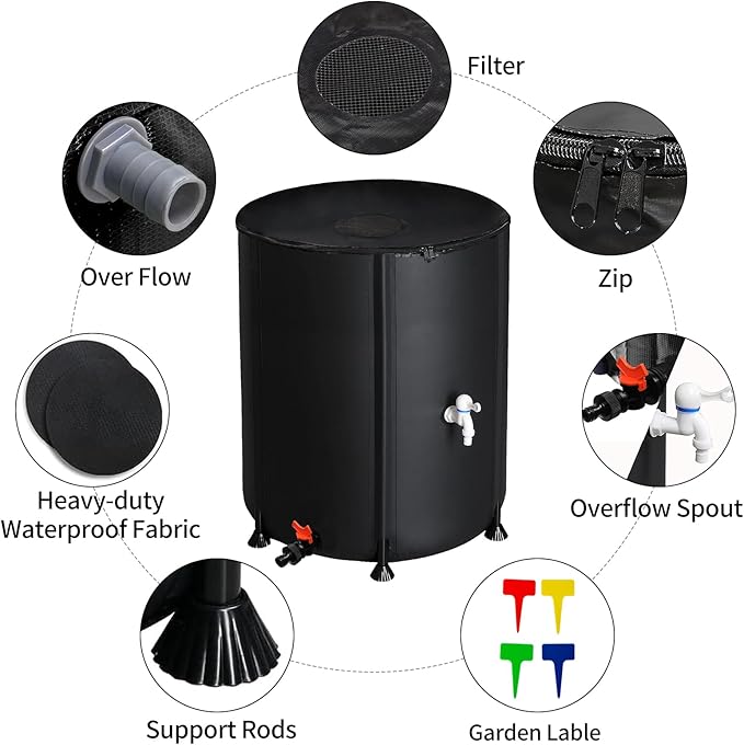 50 Gallon Collapsible Rain Barrel, Folding Water Storage Container, Portable Rain Collection, Water Storage Tank PVC for Garden Water Catcher with Screen Mesh Protector and 3/4 Faucet Black