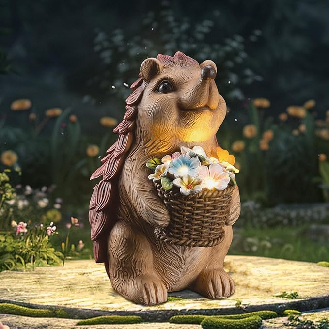 Solar Hedgehog Garden Statues Outdoor with Solar Lantern – Hedgehog Yard Decor, Waterproof Resin Figurine Pathway Light for Lawn & Patio