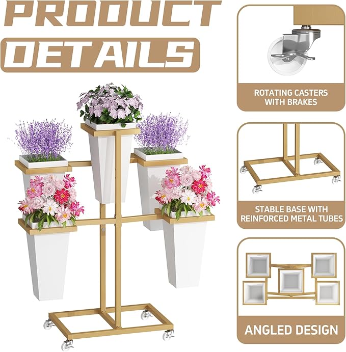 Flower bar Stand with Buckets, Moving Flower display stand with Wheels, Metal Flower cart for Bridal Shower, Wedding, Party, Garden, Gold