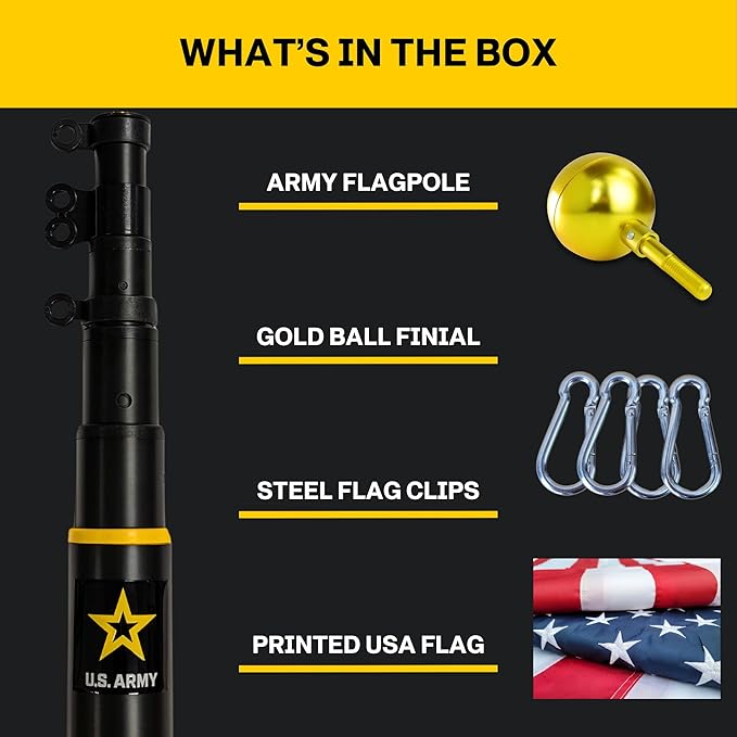 Service First US Army Black 25FT Telescoping Flagpole Kit for Outside House In Ground - Anti Tangle Swivel Ring Design - 100MPH Wind Tested