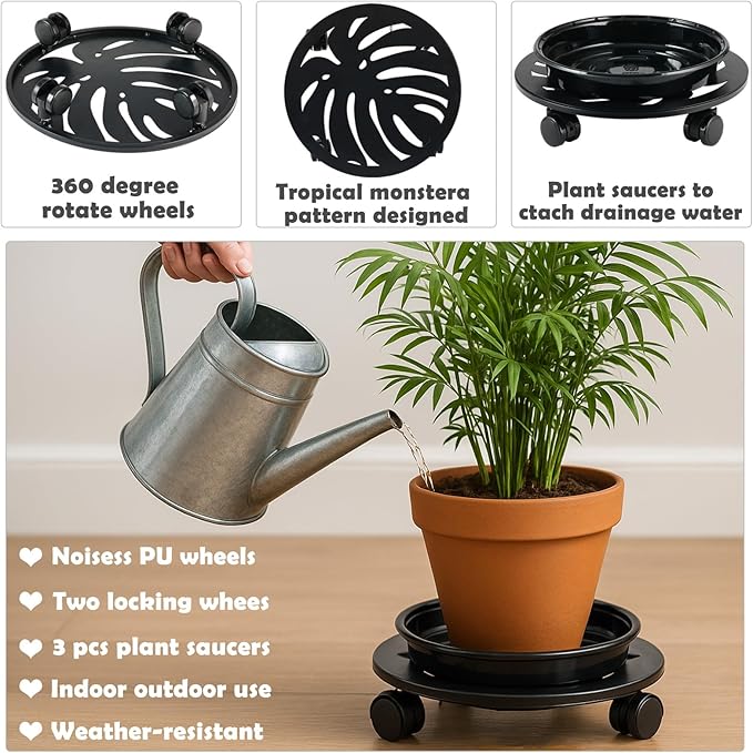 3-Pack 12 Inches Square Metal Plant Caddy with Wheels Heavy Duty Large Rolling Plant Stand Indoor Outdoor Wheeled Planter Dolly Cart with Plant Saucers Flower Pot Mover Roller Trolley, Black